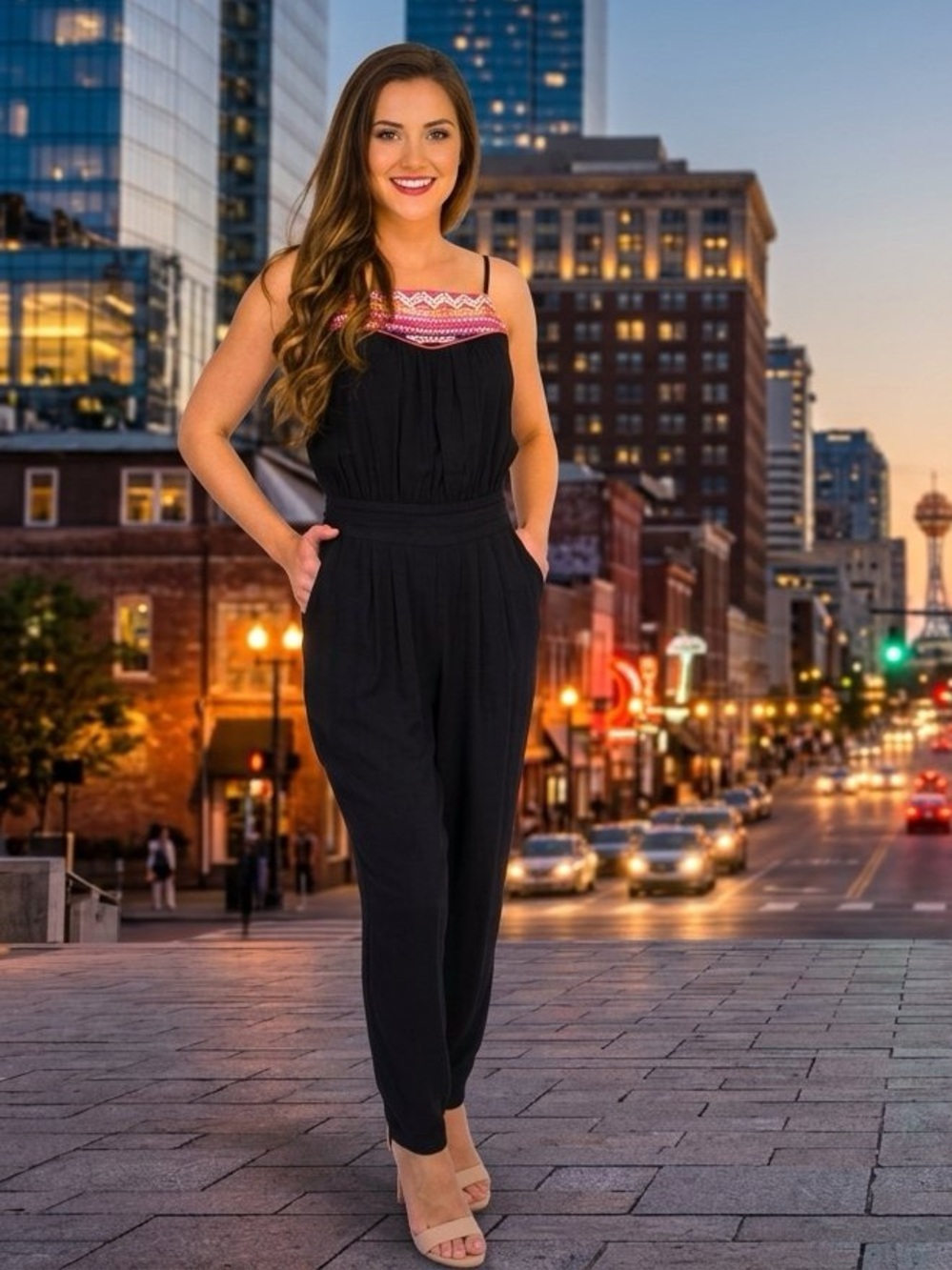NWT BCBGMaxAzria neon embroidered top black  jumpsuit with pockets size M